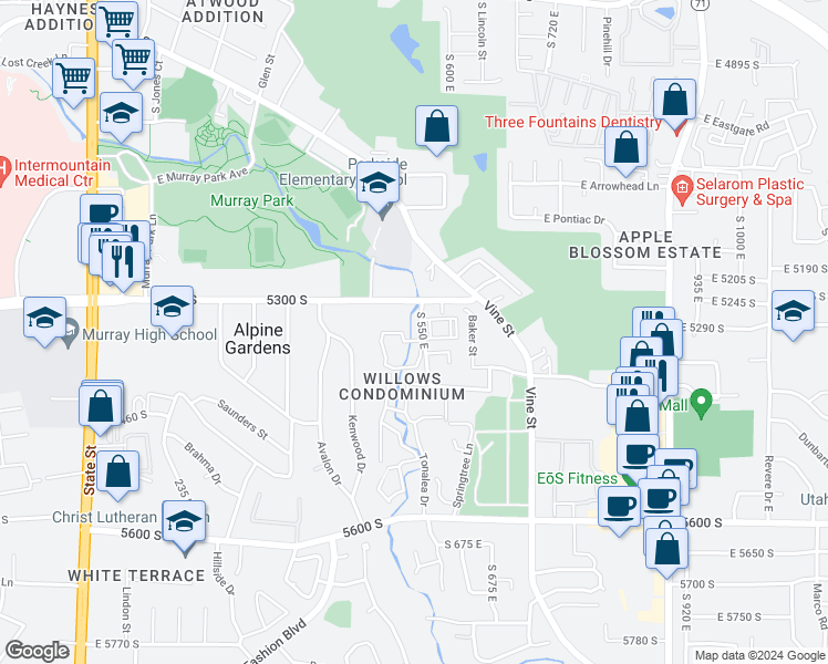 map of restaurants, bars, coffee shops, grocery stores, and more near 475 East Creekside Circle in Murray