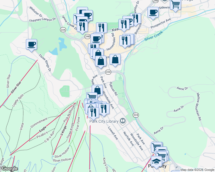 map of restaurants, bars, coffee shops, grocery stores, and more near 1475 Park Avenue in Park City