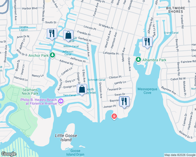 map of restaurants, bars, coffee shops, grocery stores, and more near 88 Division Avenue in Massapequa