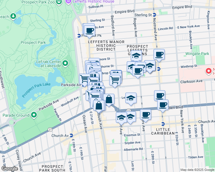 map of restaurants, bars, coffee shops, grocery stores, and more near 59 Clarkson Avenue in Brooklyn