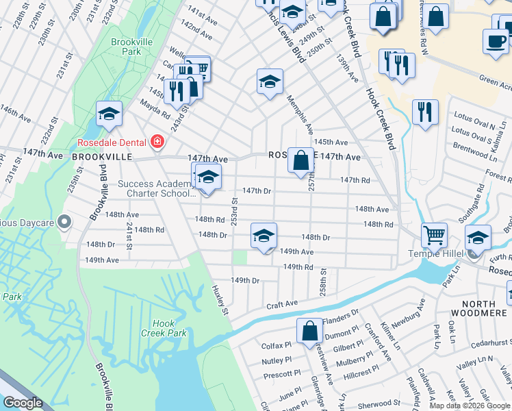 map of restaurants, bars, coffee shops, grocery stores, and more near 253-37 148th Road in Queens