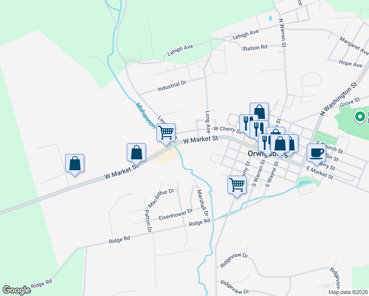 map of restaurants, bars, coffee shops, grocery stores, and more near 705 West Market Street in Orwigsburg