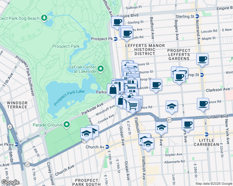 map of restaurants, bars, coffee shops, grocery stores, and more near 320 Ocean Avenue in Brooklyn