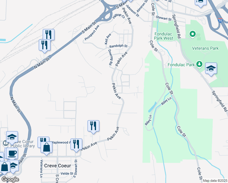 map of restaurants, bars, coffee shops, grocery stores, and more near 1107 Pekin Avenue in Creve Coeur