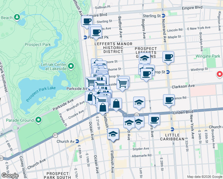 map of restaurants, bars, coffee shops, grocery stores, and more near 41 Clarkson Avenue in Brooklyn