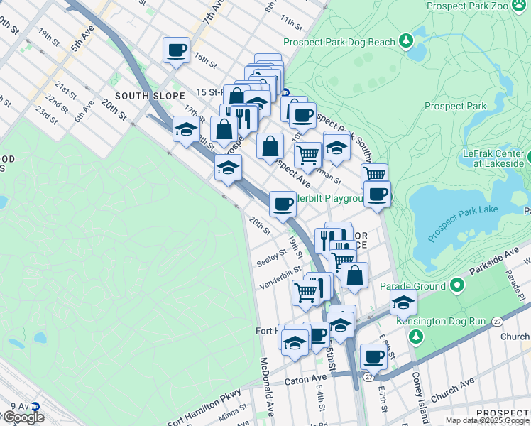 map of restaurants, bars, coffee shops, grocery stores, and more near 564 19th Street in Brooklyn