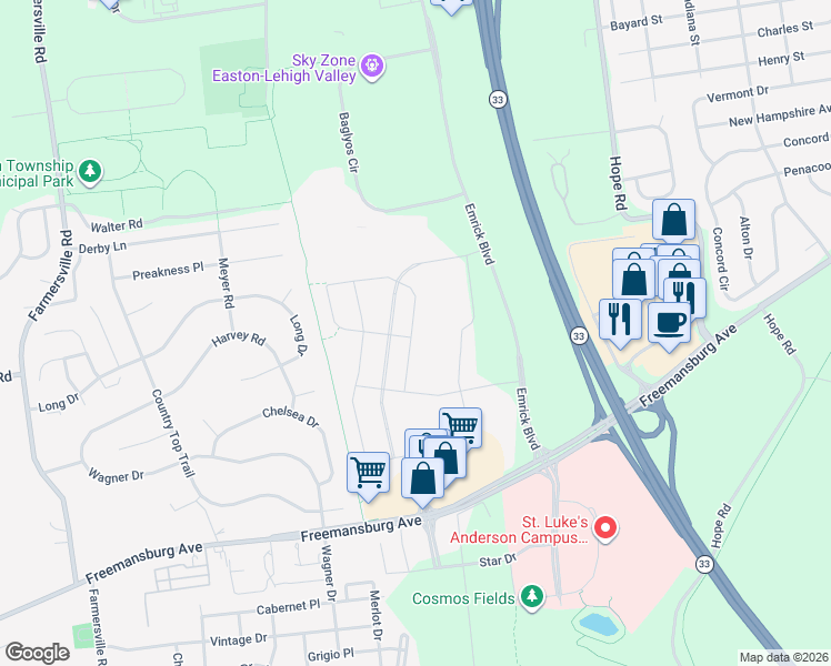 map of restaurants, bars, coffee shops, grocery stores, and more near 2308 Raya Way in Easton