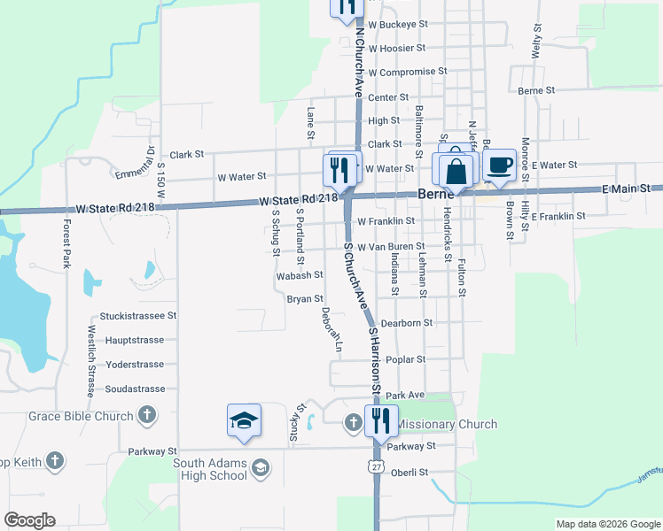 map of restaurants, bars, coffee shops, grocery stores, and more near 417 South Linn Grove Avenue in Berne