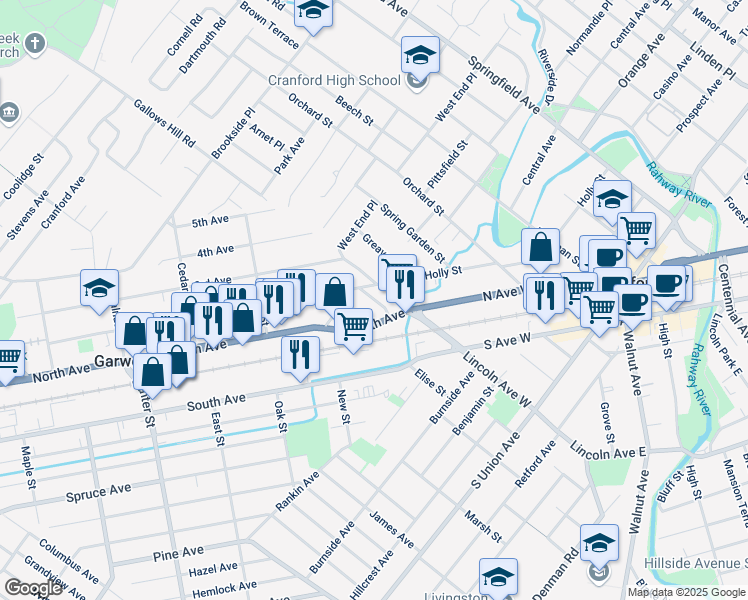 map of restaurants, bars, coffee shops, grocery stores, and more near 115 Winslow Place in Garwood