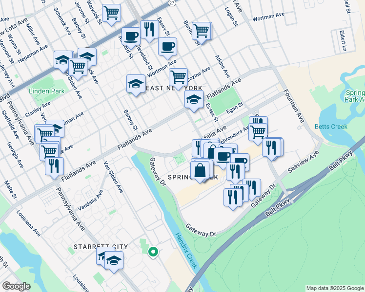 map of restaurants, bars, coffee shops, grocery stores, and more near 475 Vandalia Avenue in Brooklyn