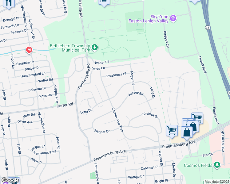 map of restaurants, bars, coffee shops, grocery stores, and more near 5075 Long Drive in Bethlehem
