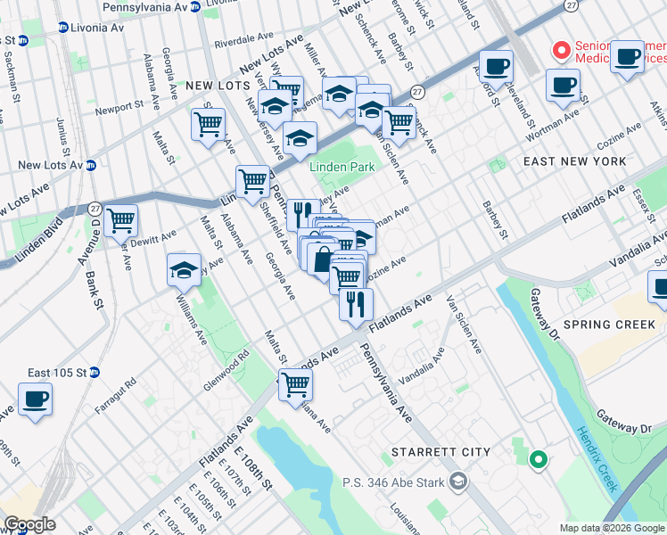 map of restaurants, bars, coffee shops, grocery stores, and more near 965 Pennsylvania Avenue in Brooklyn