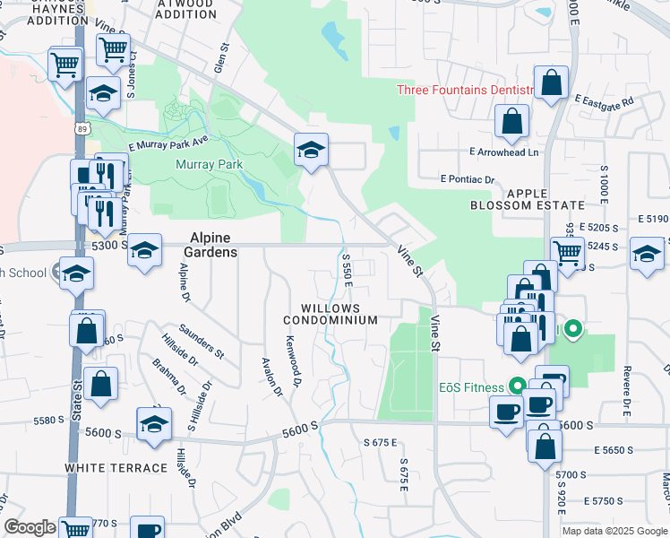 map of restaurants, bars, coffee shops, grocery stores, and more near 436 South 550 East in Murray