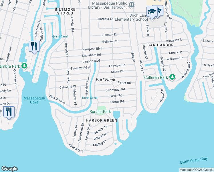 map of restaurants, bars, coffee shops, grocery stores, and more near 114 Dartmouth Road in Massapequa
