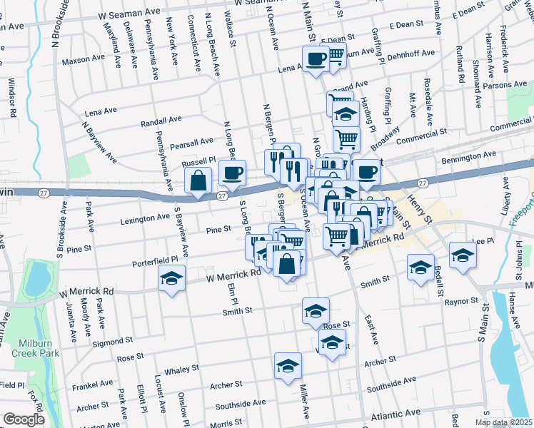 map of restaurants, bars, coffee shops, grocery stores, and more near 155 Pine Street in Freeport