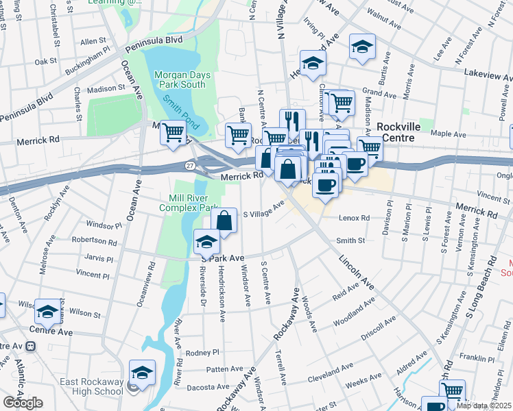 map of restaurants, bars, coffee shops, grocery stores, and more near 71 South Village Avenue in Rockville Centre