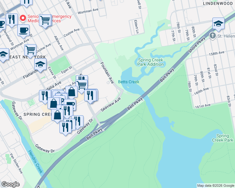 map of restaurants, bars, coffee shops, grocery stores, and more near Seaview Avenue in Brooklyn