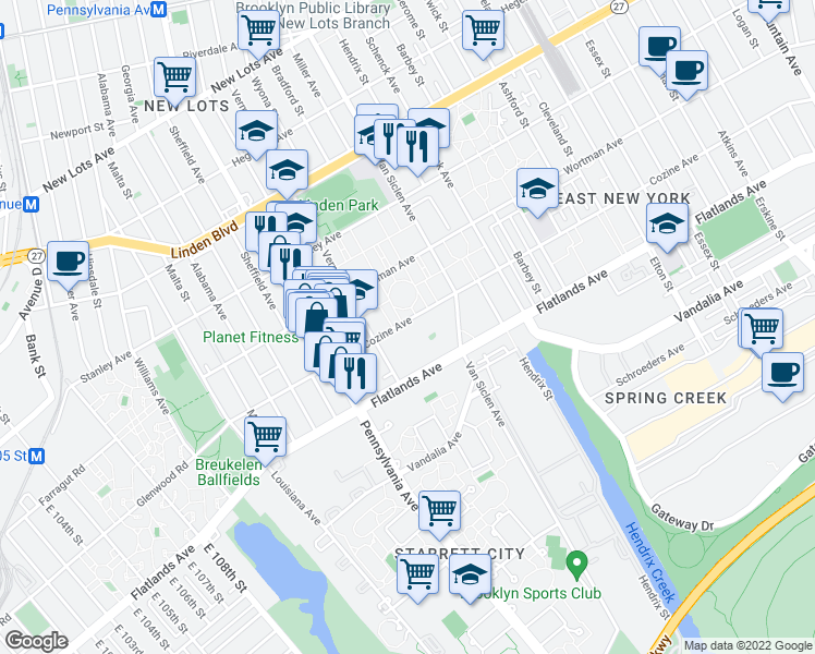 map of restaurants, bars, coffee shops, grocery stores, and more near 12205 Flatlands Avenue in Brooklyn