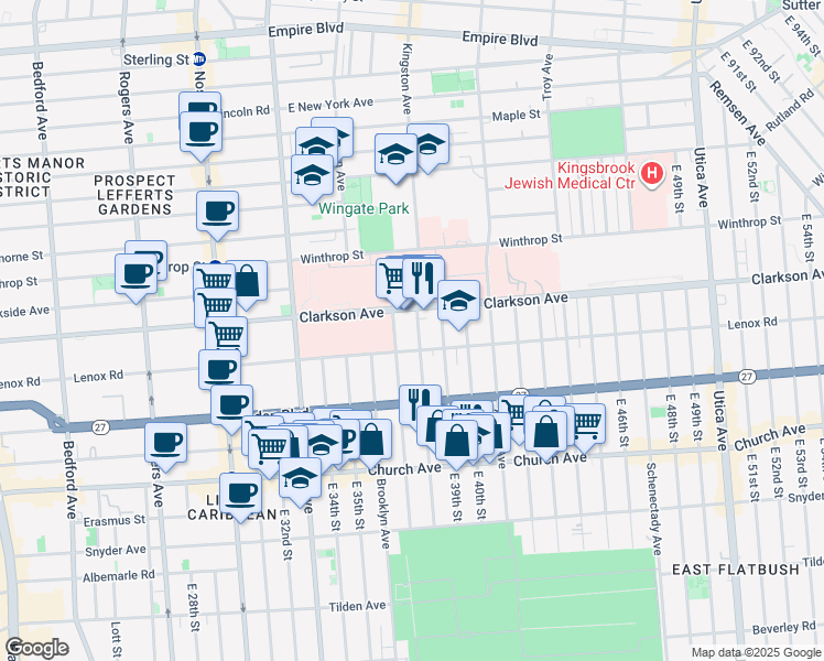 map of restaurants, bars, coffee shops, grocery stores, and more near 490 Lenox Road in Brooklyn