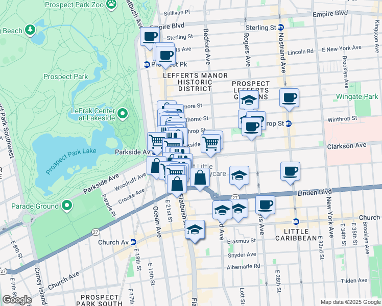 map of restaurants, bars, coffee shops, grocery stores, and more near 2123 Lenox Road in Brooklyn