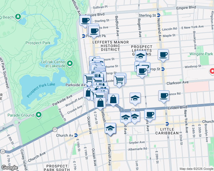 map of restaurants, bars, coffee shops, grocery stores, and more near 2123 Lenox Road in Brooklyn