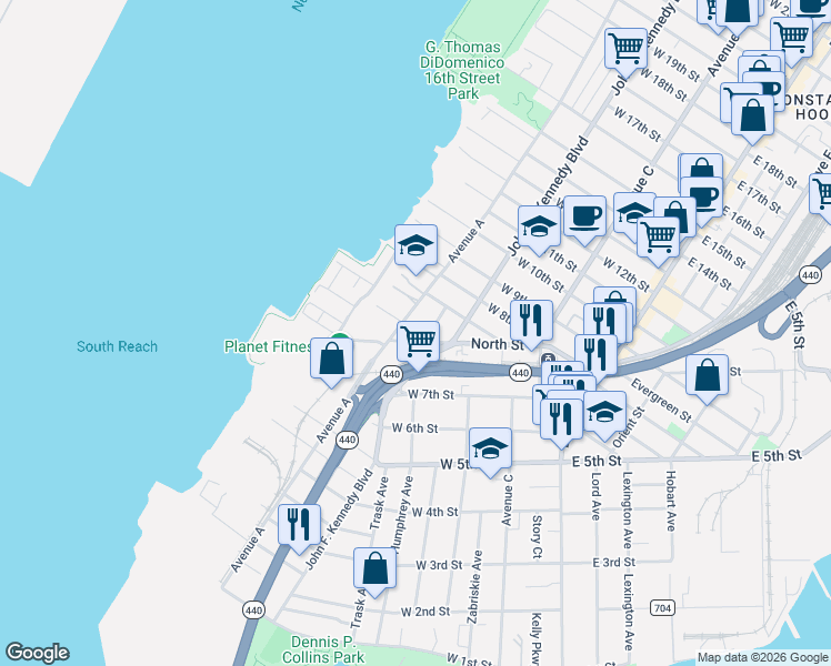 map of restaurants, bars, coffee shops, grocery stores, and more near 170 Avenue A in Bayonne