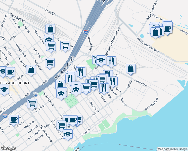 map of restaurants, bars, coffee shops, grocery stores, and more near 235 Port Avenue in Elizabeth
