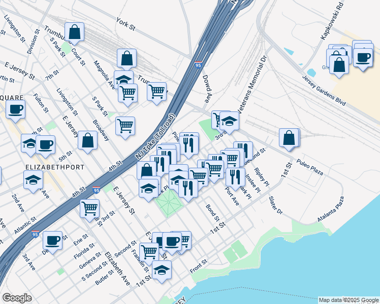 map of restaurants, bars, coffee shops, grocery stores, and more near 251 Pine Street in Elizabeth
