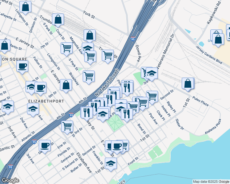 map of restaurants, bars, coffee shops, grocery stores, and more near 319 Court Street in Elizabeth