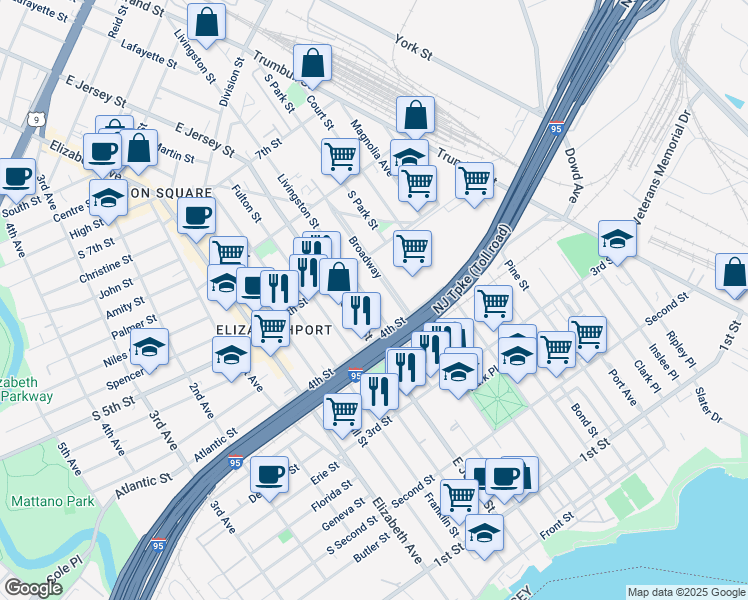 map of restaurants, bars, coffee shops, grocery stores, and more near 410 Livingston Street in Elizabeth