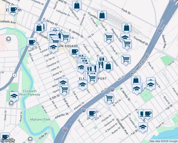 map of restaurants, bars, coffee shops, grocery stores, and more near in Elizabeth