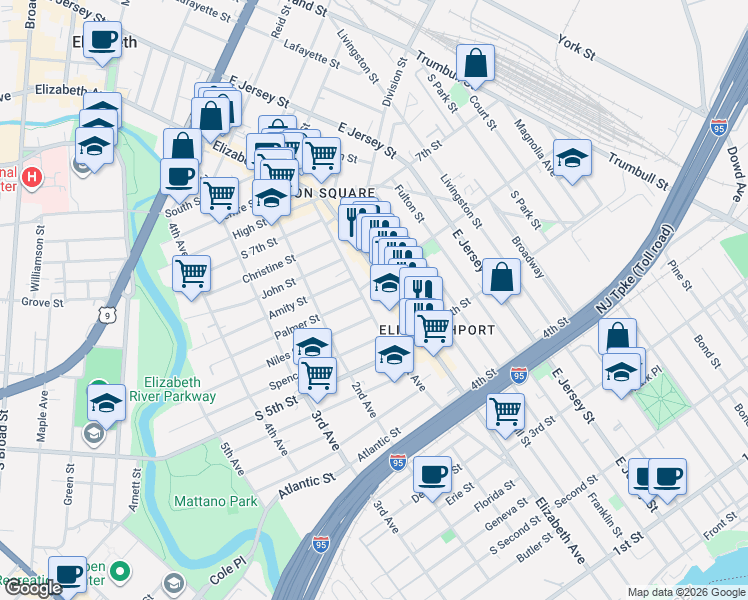 map of restaurants, bars, coffee shops, grocery stores, and more near 534 1st Avenue in Elizabeth