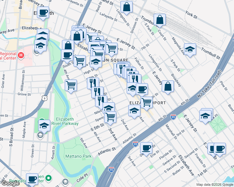 map of restaurants, bars, coffee shops, grocery stores, and more near 549 2nd Avenue in Elizabeth