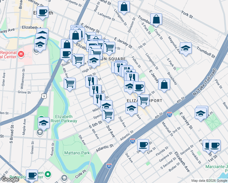 map of restaurants, bars, coffee shops, grocery stores, and more near 549 2nd Avenue in Elizabeth