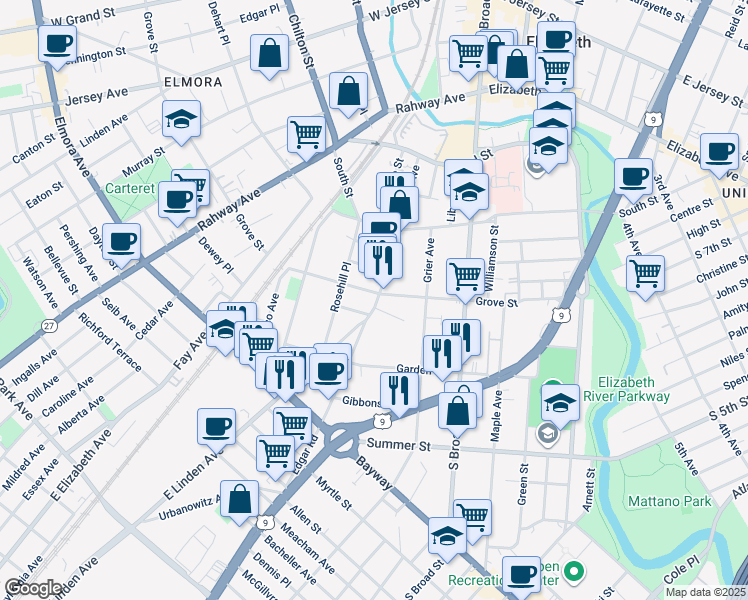 map of restaurants, bars, coffee shops, grocery stores, and more near in Elizabeth