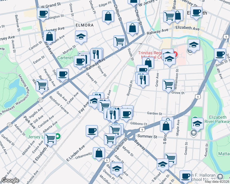 map of restaurants, bars, coffee shops, grocery stores, and more near 444-446 New York Avenue in Elizabeth