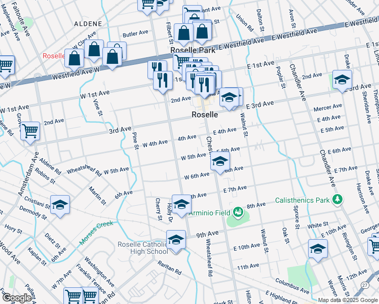 map of restaurants, bars, coffee shops, grocery stores, and more near 153 West 5th Avenue in Roselle
