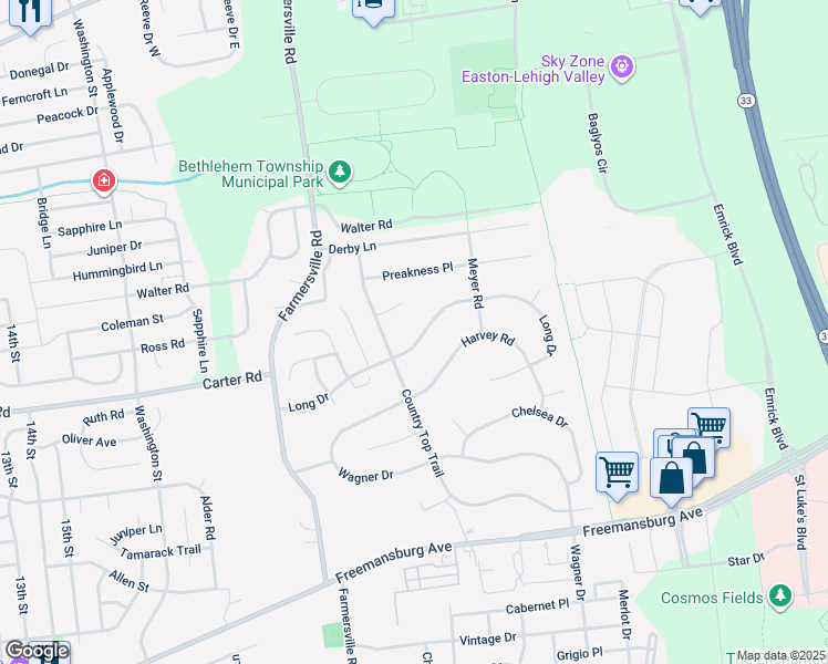 map of restaurants, bars, coffee shops, grocery stores, and more near 5075 Long Drive in Bethlehem