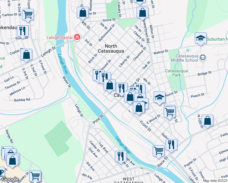 map of restaurants, bars, coffee shops, grocery stores, and more near 706 Front Street in Catasauqua