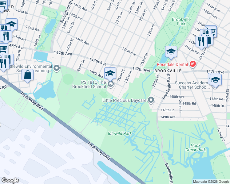 map of restaurants, bars, coffee shops, grocery stores, and more near 148-45 231st Street in Queens