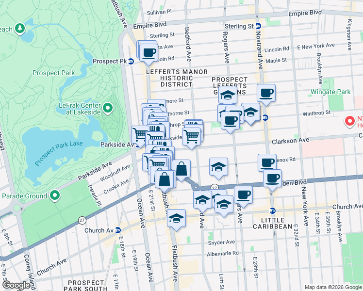 map of restaurants, bars, coffee shops, grocery stores, and more near 7072 Clarkson Avenue in Brooklyn