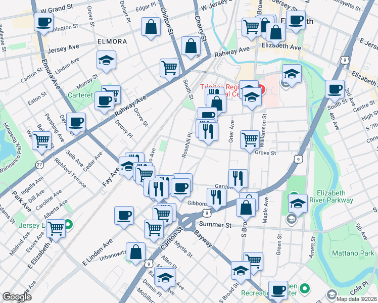 map of restaurants, bars, coffee shops, grocery stores, and more near 432 Rosehill Place in Elizabeth