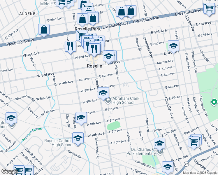 map of restaurants, bars, coffee shops, grocery stores, and more near 133 East 6th Avenue in Roselle