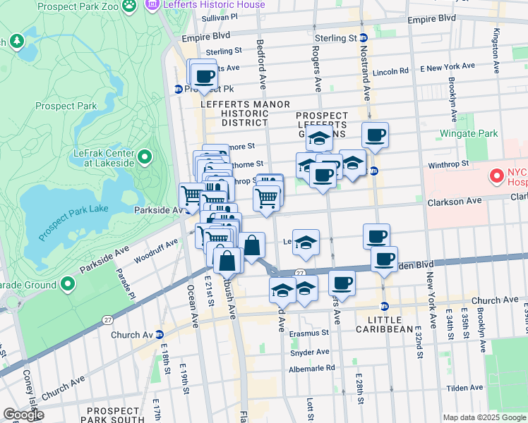 map of restaurants, bars, coffee shops, grocery stores, and more near 85 Clarkson Avenue in Brooklyn