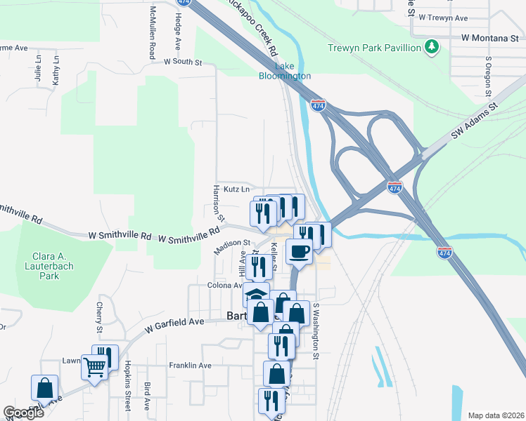 map of restaurants, bars, coffee shops, grocery stores, and more near 113 Roosevelt Street in Bartonville