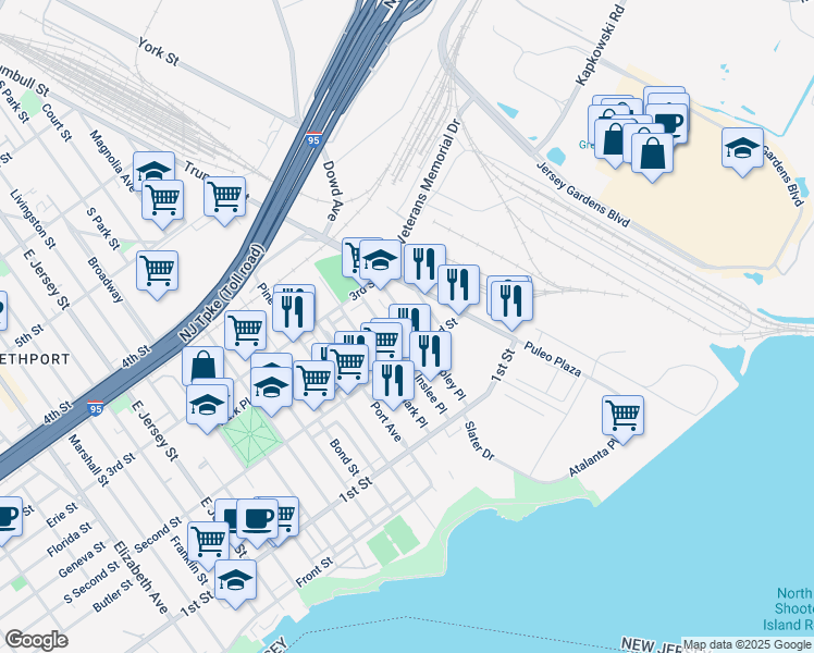 map of restaurants, bars, coffee shops, grocery stores, and more near 315 Second Street in Elizabeth