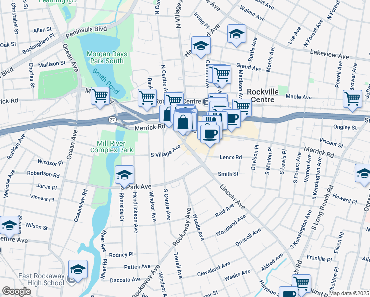 map of restaurants, bars, coffee shops, grocery stores, and more near 25 Lincoln Court in Rockville Centre