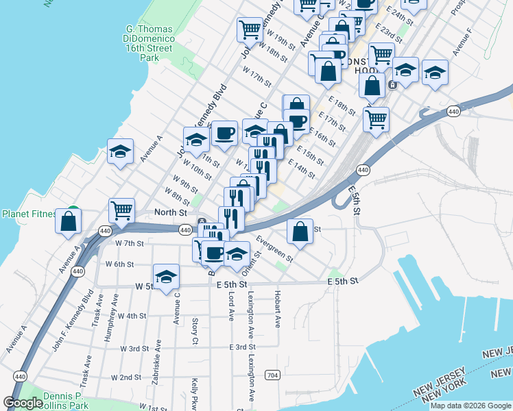 map of restaurants, bars, coffee shops, grocery stores, and more near 7 Linnet Street in Bayonne