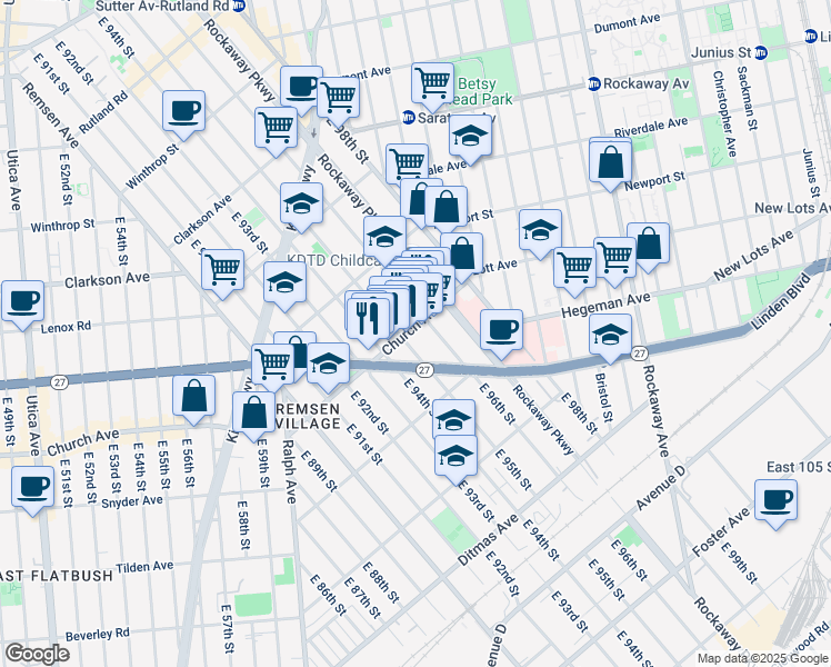 map of restaurants, bars, coffee shops, grocery stores, and more near 547 East 95th Street in Brooklyn