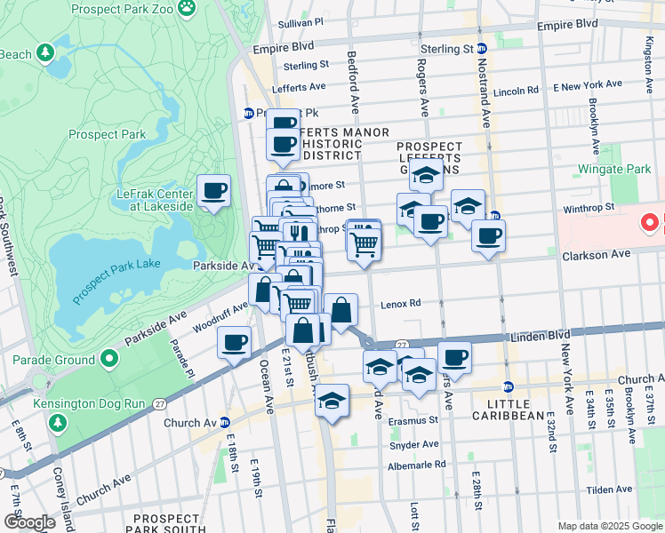 map of restaurants, bars, coffee shops, grocery stores, and more near 49 Clarkson Avenue in Brooklyn